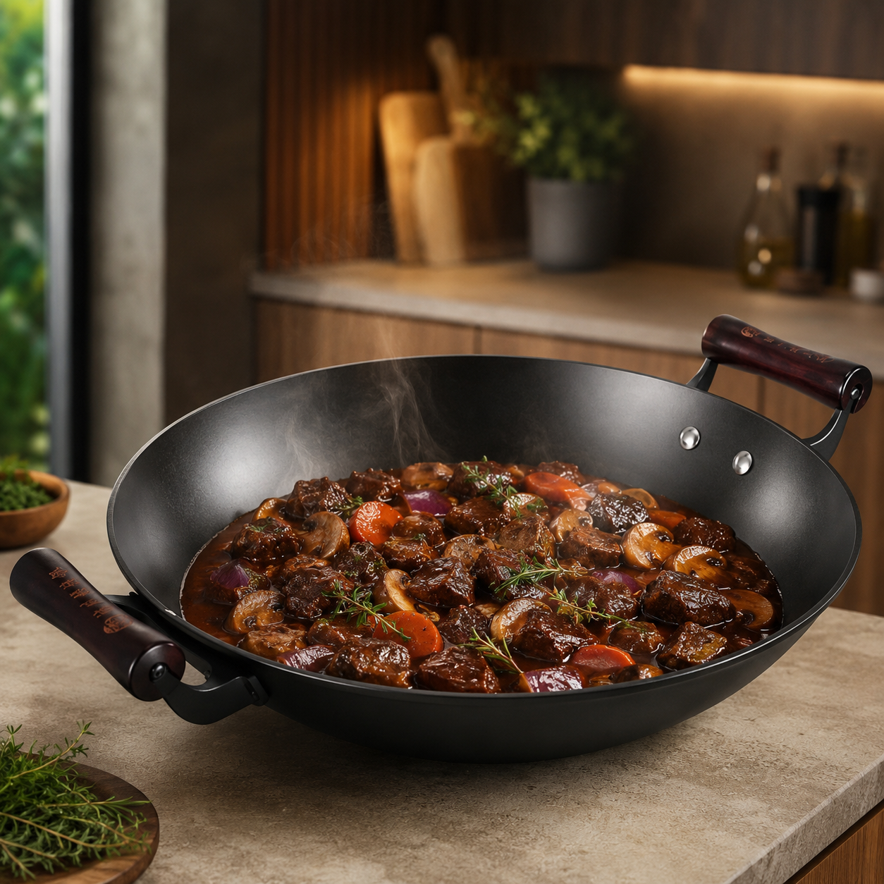 Wok en fer - Double poignée - Couvercle inclus  Wokora